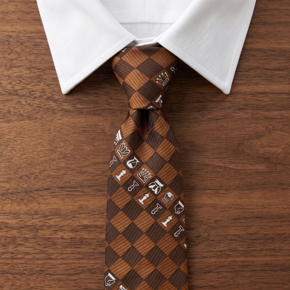 Vintage Mens Brown Checkered Chess Piece Pattern Novelty Necktie Pattern